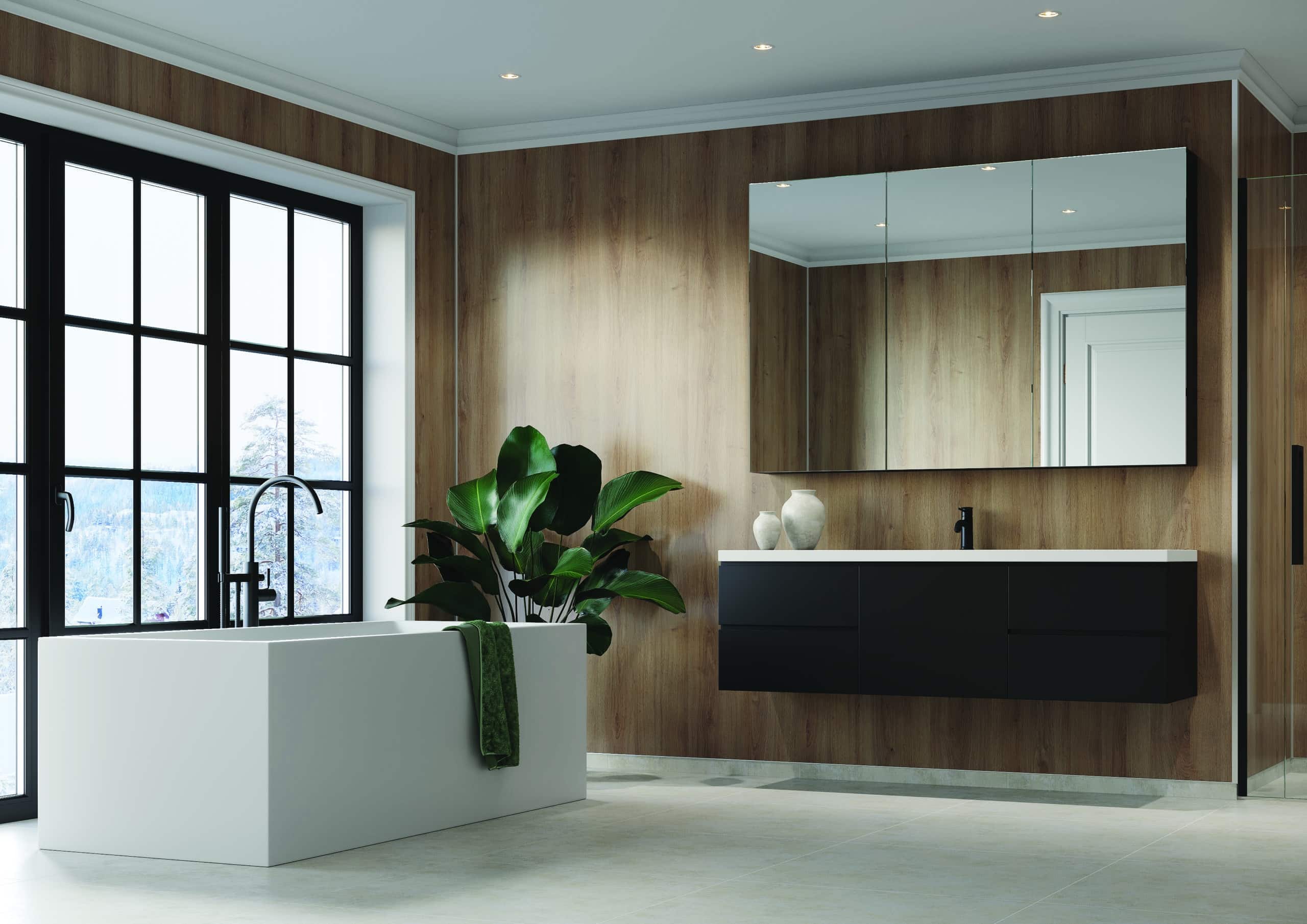 Modern bathroom with oak effect Fibo wall panel